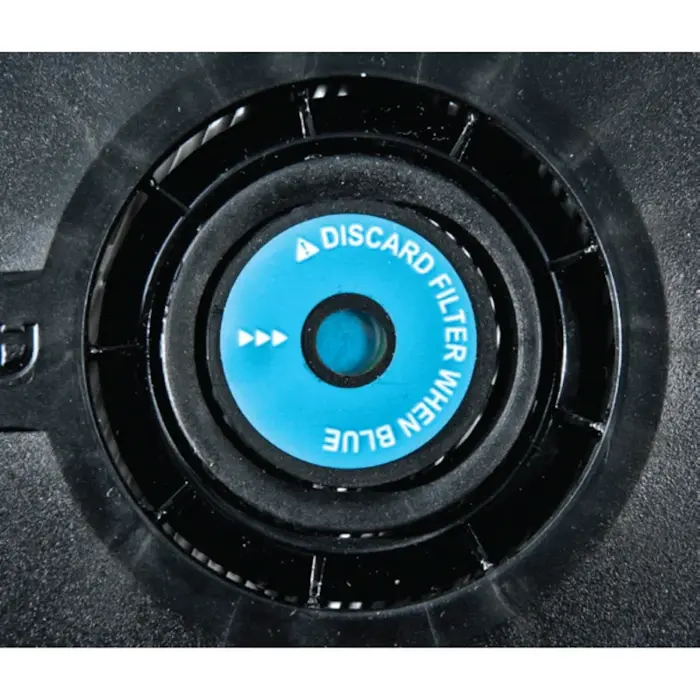 Closeup view of the Avon Protection CTCF50 Riot Agent Filter status indicator showing a blue center, indicating the filter should be discarded.