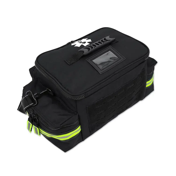 Lightning X LXMB25 black variant medium-sized first responder EMT bag back view, showing padded straps and durable construction for emergency use.