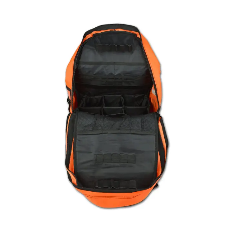 Top view of Lightning X LXMB40 orange variant first responder EMT backpack opened, revealing organized interior compartments for medical supplies.