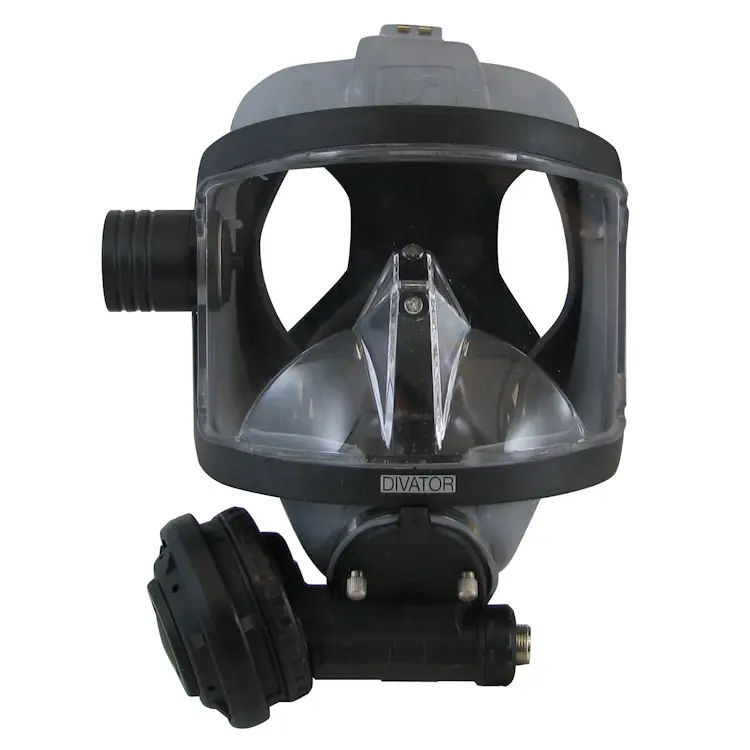 Interspiro™ Divator Full Face Mask front view highlighting the ergonomic design and clear visor for enhanced underwater visibility and protection.
