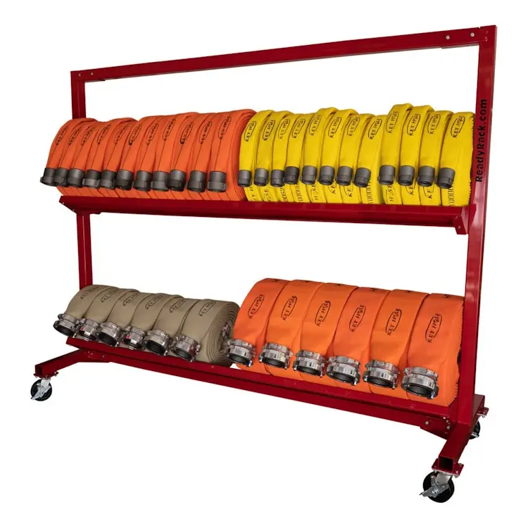 Front-side view of Ready Rack™ Mobile Hose Cart with two full shelves stacked with coiled fire hoses, maximizing storage capacity for efficient organization and mobility.