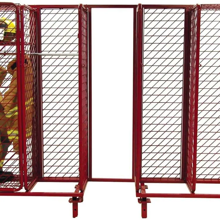 Front view of two Ready Rack™ Freestanding Red Racks joined together by a middle frame connector, demonstrating the modular design for seamless, expandable fire gear storage.
