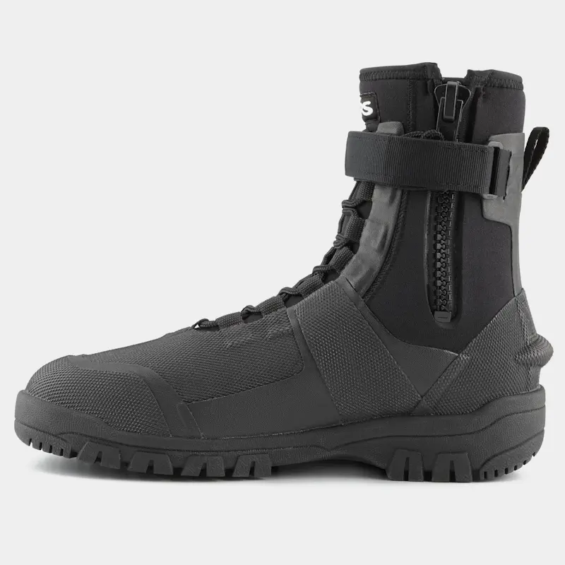Left side view of a single right-footed NRS Workboot Wetshoe, highlighting the zipper and secure Velcro strap for a customizable fit.