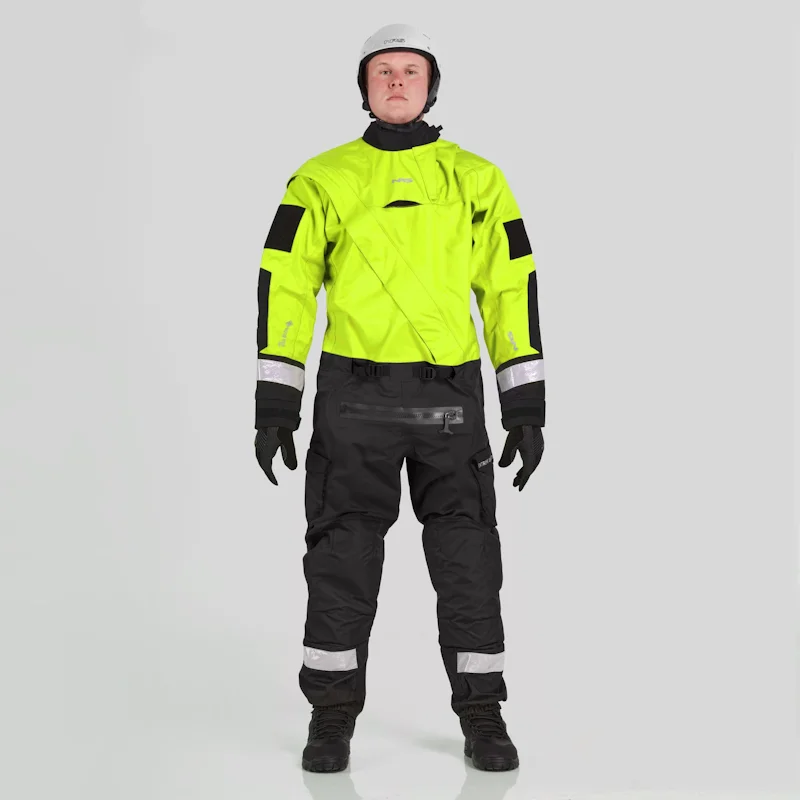 Front view of a man wearing the NRS Extreme SAR GTX Dry Suit in safety yellow, highlighting the suit’s breathable fabric, secure fit, and front zipper.