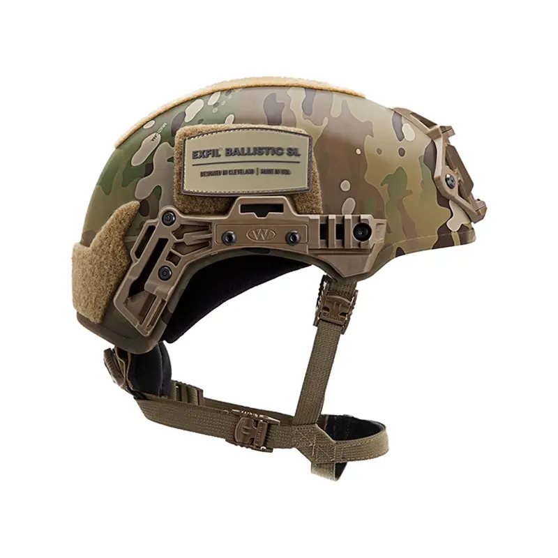 Right side view of the Team Wendy® EXFIL® Ballistic SL Helmet in Multicam®, displaying the rail system, attachment points, and contoured profile for comfort and versatility.