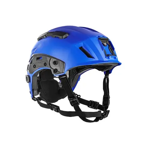 Front right side view of the Team Wendy SAR Tactical Helmet in blue showing its design, adjustable straps, and tactical features.