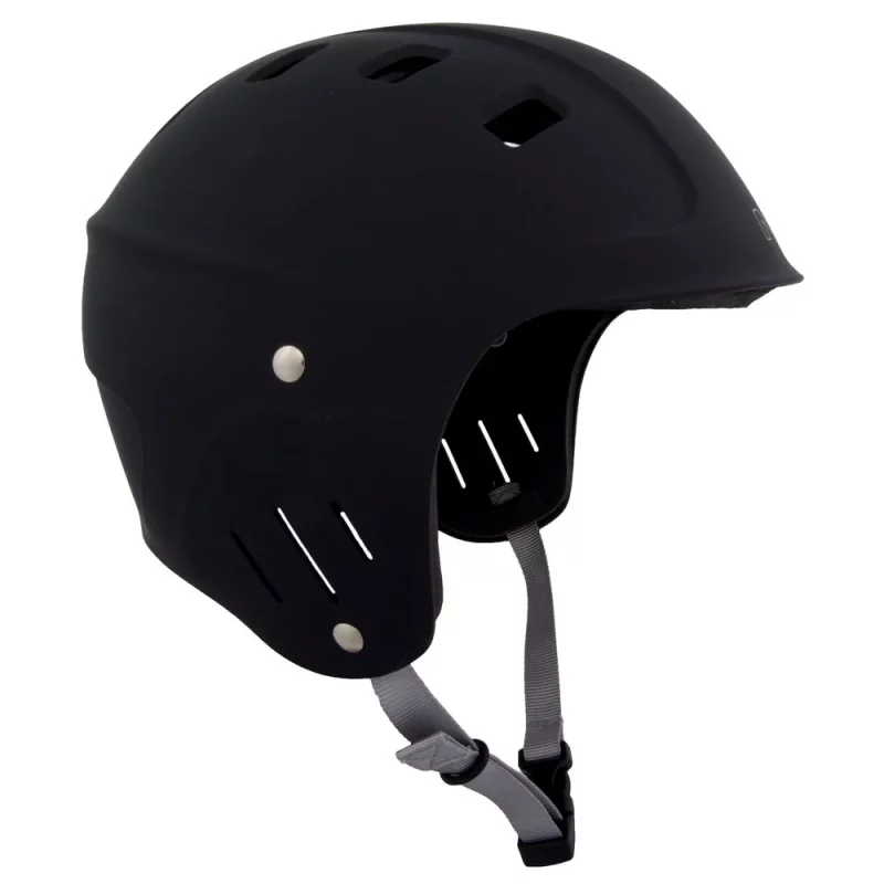 Right side view of the NRS Chaos Full Cut Helmet – Closeout in black, showcasing full ear protection, a durable ABS shell, and ventilation for comfortable, impact-resistant whitewater safety.