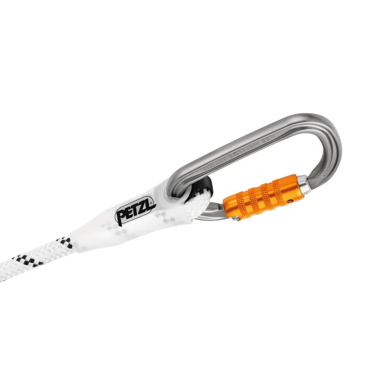 Petzl® AXIS 11mm Rope with Sewn Termination shown at rope end secured with a carabiner, ideal for anchoring in rope access and rescue scenarios.