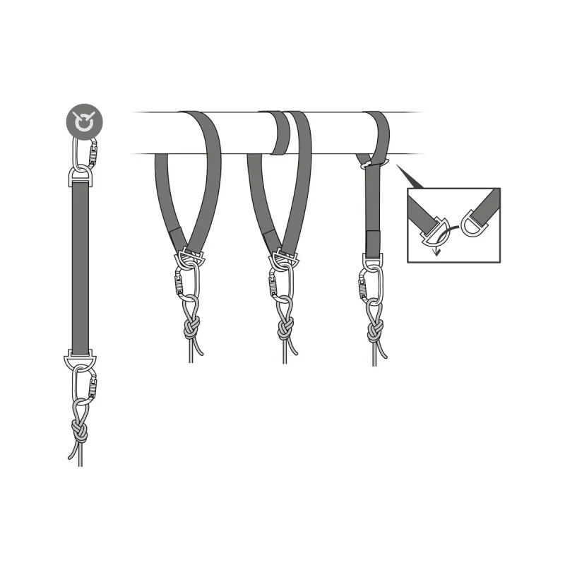 Diagram illustrating multiple methods to loop and secure the Petzl® CONNEXION FIXE Anchor Strap around a horizontal bar for safe anchoring.