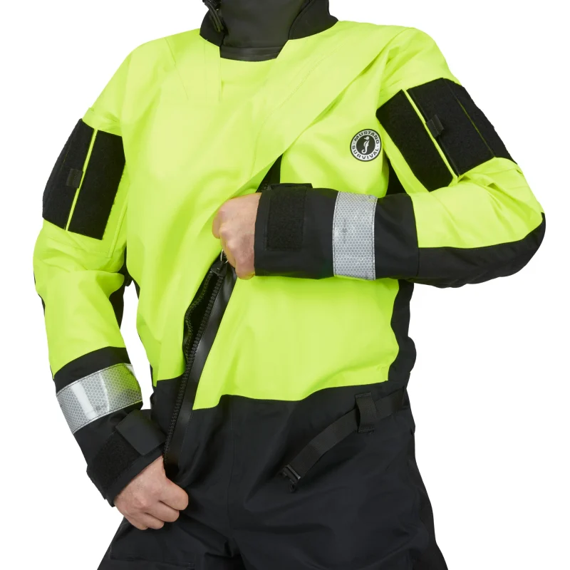 Closeup of upper torso and neck area on person wearing Mustang Survival® Sentinel™ Series Water Rescue Dry Suit, featuring adjustable collar and waterproof sealing for comfort and protection.