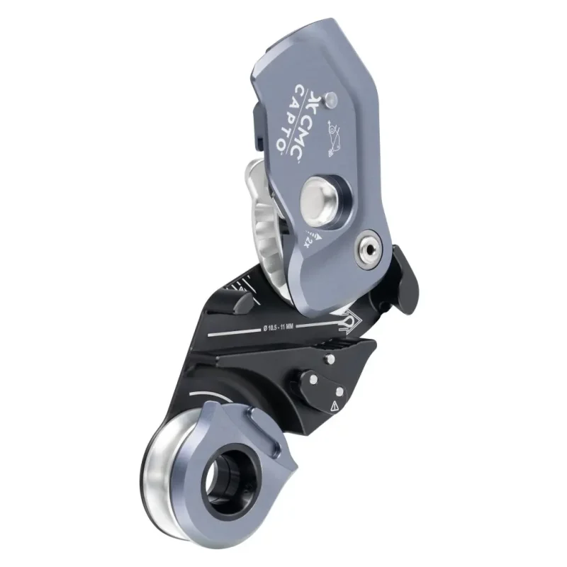 Angled side view of the silver CMC™ CAPTO™ Multifunctional Rope Grab in the open position, showcasing its ergonomic design and robust locking mechanism for safe rope access and rescue operations.