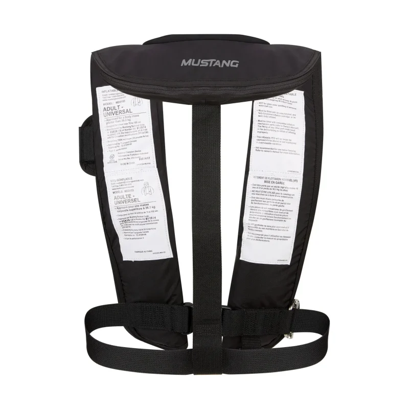 Back view of Mustang Survival® Hit Hydrostatic Inflatable PFD featuring reinforced stitching, harness adjustment points, and compact flotation bladder design.
