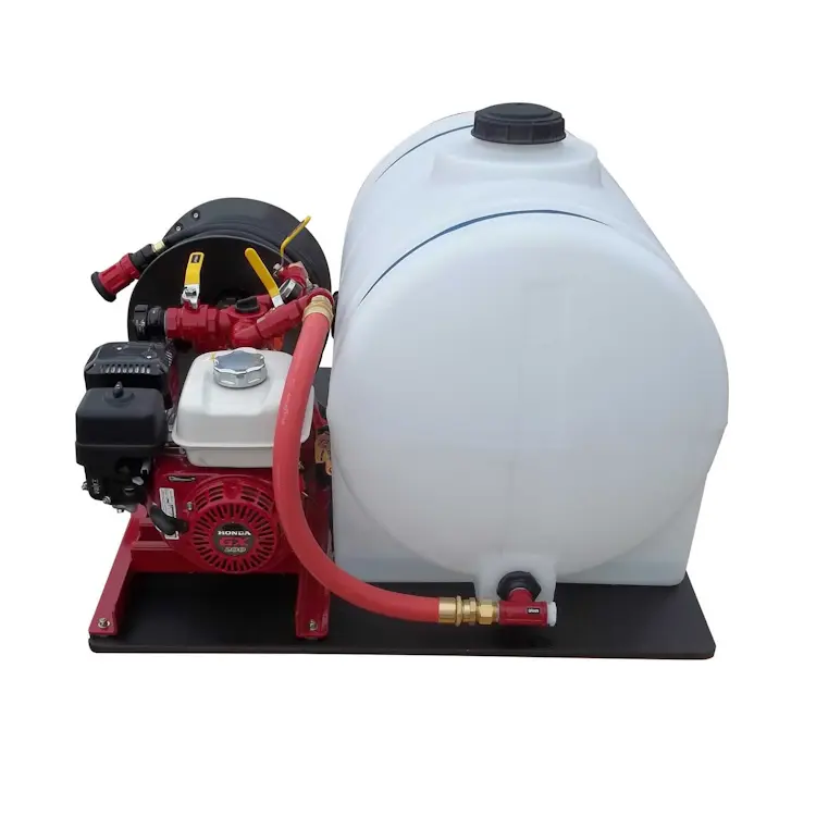 Right side view of CET™ ATV Fire Pack 1 – Econo highlighting the control panel, pump unit, hose reel, and compact tank mounted on the skid frame.