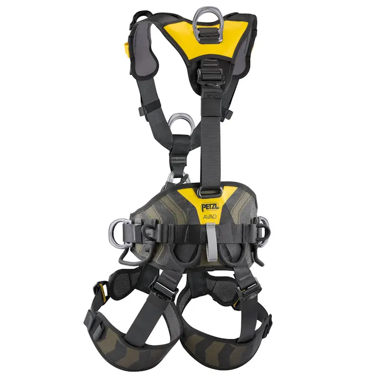 Petzl® AVAO® BOD FAST Harness International Version shown front view, featuring padded waistbelt, adjustable leg loops, and chest attachment points for versatile use in rope access and fall protection.