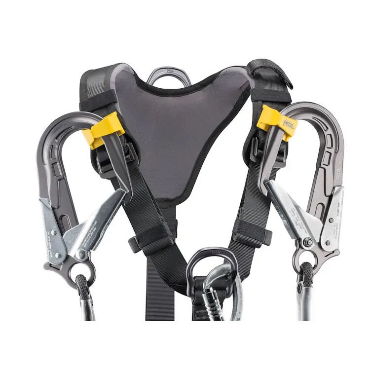 Close-up back view of the Petzl® AVAO® BOD Harness International Version’s top hooks, showcasing the reinforced dorsal and shoulder attachment points with sturdy metal hardware for secure rope connection.
