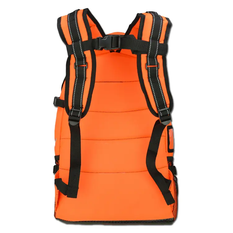 Back view of Lightning X LXMB40 orange variant first responder EMT backpack with shoulder straps raised, highlighting adjustable padded straps and durable construction.