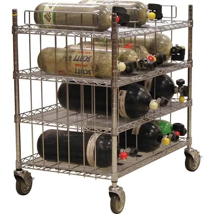 Ready Rack™ SCBA Mobile Bottle Cart front side closeup view fully loaded with breathing apparatus cylinders, demonstrating secure storage and easy mobility.
