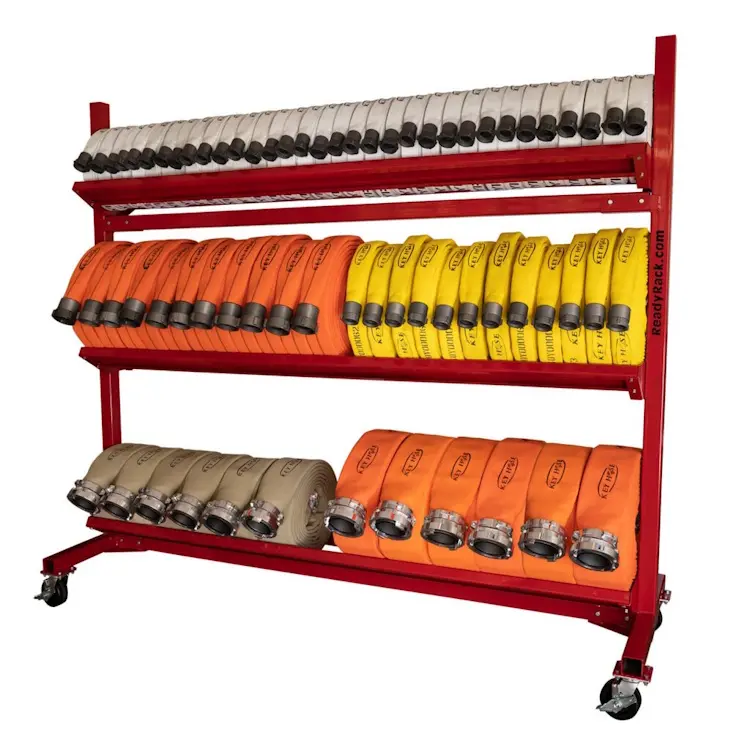 Front-side view of Ready Rack™ Mobile Hose Cart featuring two lower shelves filled with coiled fire hoses and a third top shelf fully stocked with smaller hoses for optimized multi-tiered storage and transport.