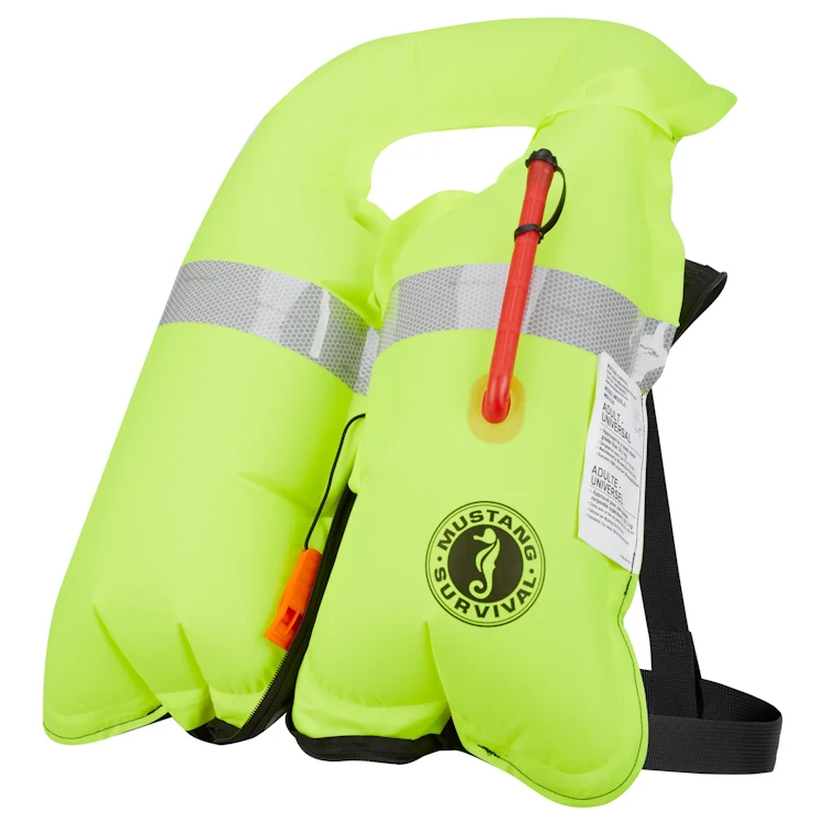 Angled front-side view of Mustang Survival® Heavy Duty Law Enforcement Hit Inflatable PFD fully inflated, highlighting expanded flotation bladder and rugged construction for maximum buoyancy and safety.