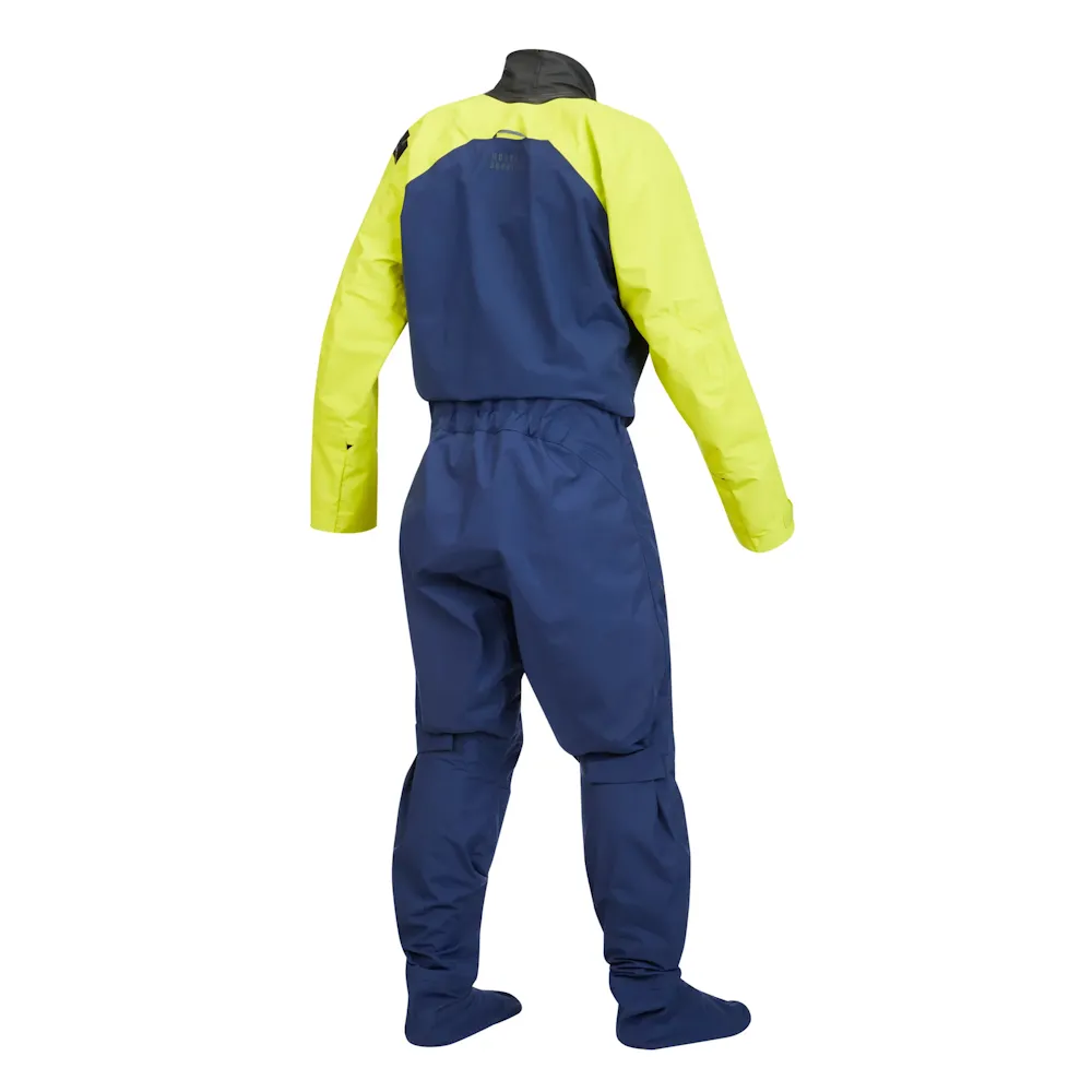Mustang Survival® Men’s Hudson CCS Dry Suit in Mahi Yellow, back side view displaying the suit’s angled profile, seam details, and high-visibility design for safety and mobility.