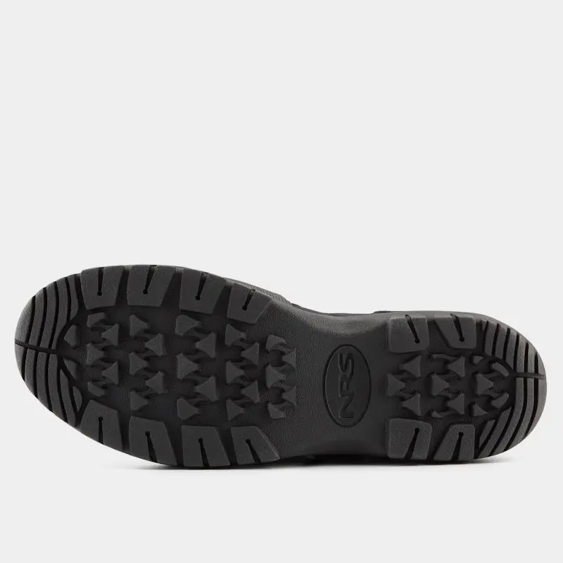Bottom sole view of a right foot NRS ATB Wetshoe laying on its side, displaying the textured rubber sole with multi-directional tread for superior traction.