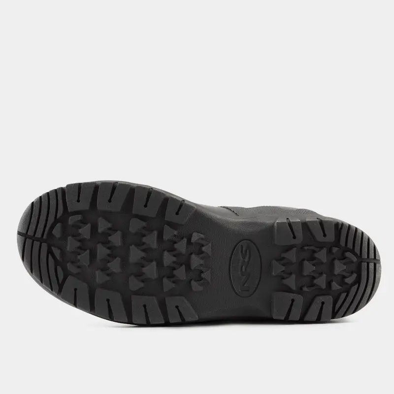 Under view of a single right-footed NRS Workboot Wetshoe laying on its side, displaying the durable textured rubber sole designed for superior traction.