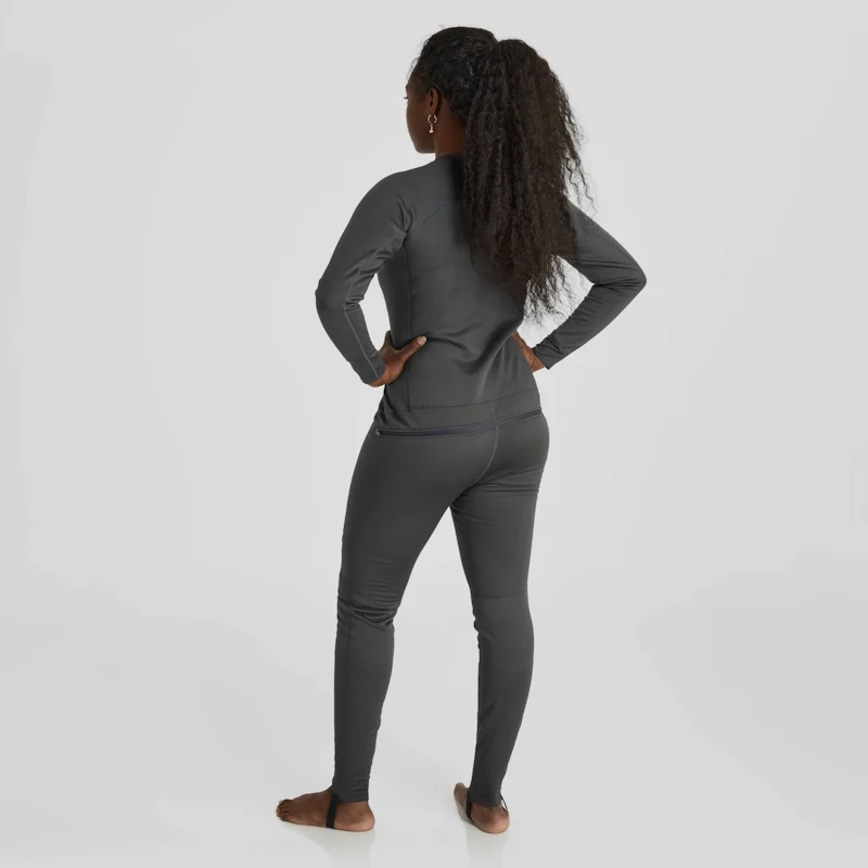 Back side view of a woman wearing the NRS Women’s Expedition Weight Union Suit, showcasing the contoured fit, dropseat zipper, and ergonomic seam placement.