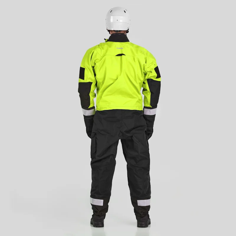 Back view of a man wearing the NRS Extreme SAR GTX Dry Suit in safety yellow, showing reinforced back panels, sealed seams, and reflective details.