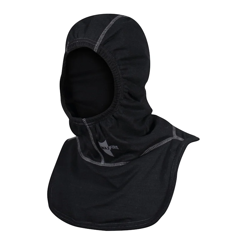 Front-side view of the MajFire HALO C6 Particulate Hood, showcasing its ergonomic design, snug fit, and extended facial coverage for advanced firefighter protection.