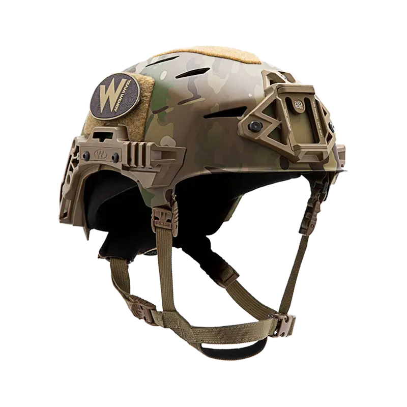 Front right side view of the Team Wendy® EXFIL® Carbon Bump Helmet in Multicam®, featuring the camouflage finish, accessory rails, and front mount.