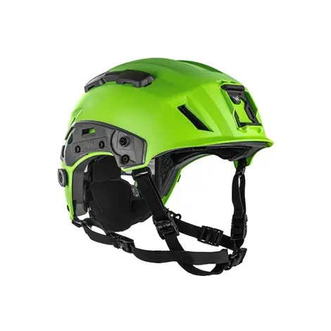 Front right side view of the Team Wendy SAR Tactical Helmet in lime showing its design, adjustable straps, and tactical features.