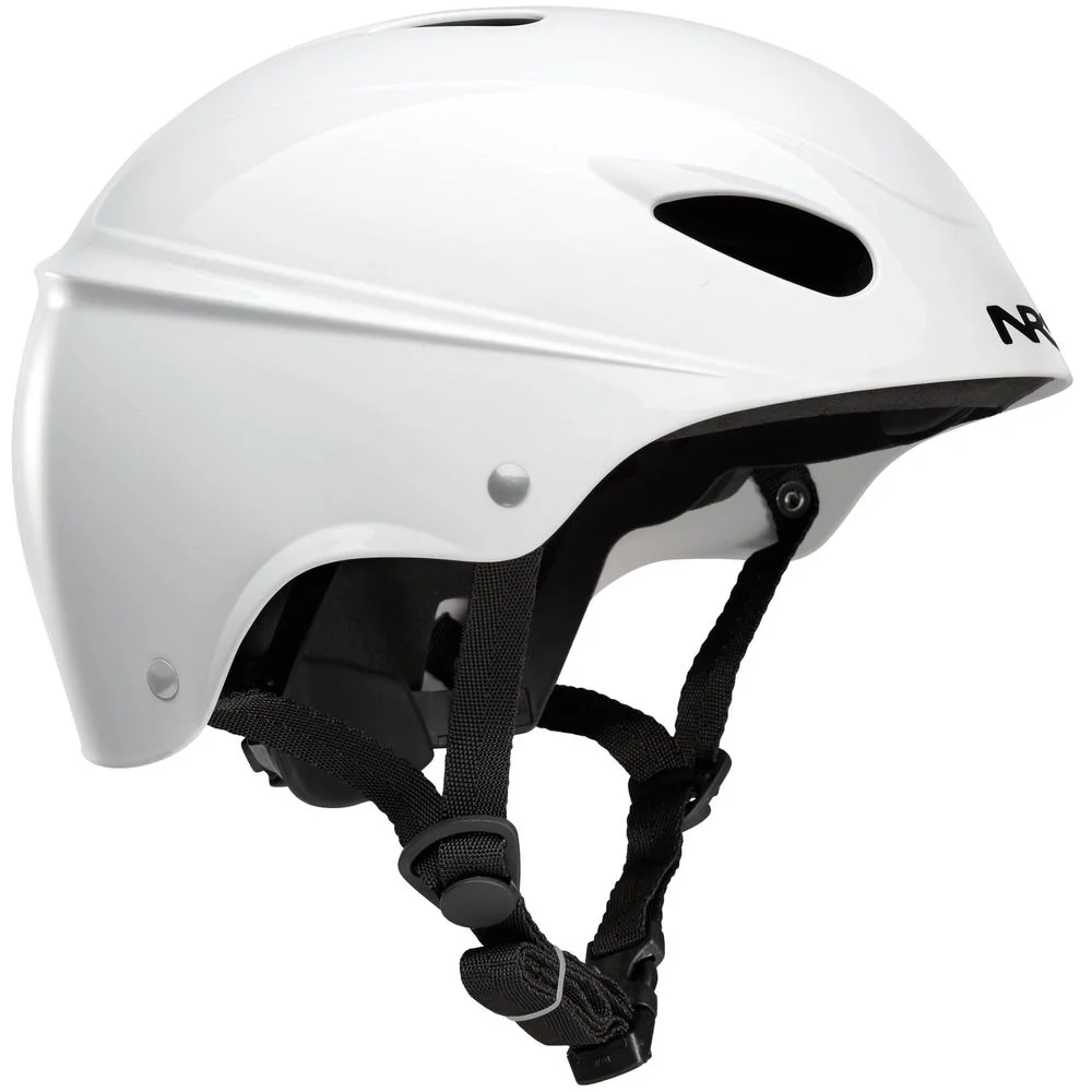 Side view of the NRS Havoc Livery Helmet in white, showcasing its vibrant design, durable ABS shell, adjustable straps, and ventilation for comfortable, impact-resistant whitewater protection.