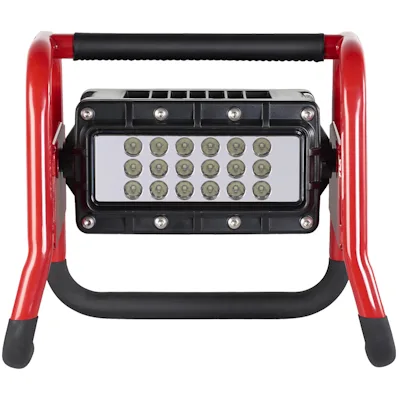 Front view of the red Streamlight® Portable Scene Light II with a black 18-LED panel centered in its tubular roll-cage frame, featuring a padded top carry handle and rubber-tipped feet.