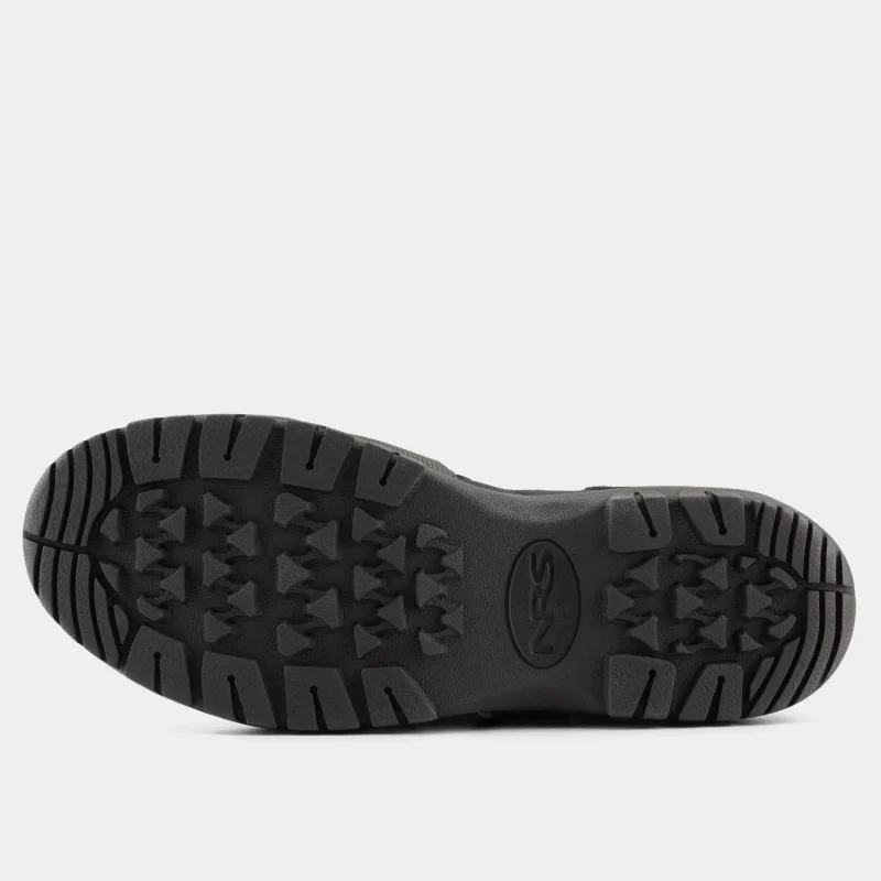 Bottom sole view of a single NRS ATB Wetshoe laying on its side, displaying the textured rubber sole with multi-directional tread for superior traction.