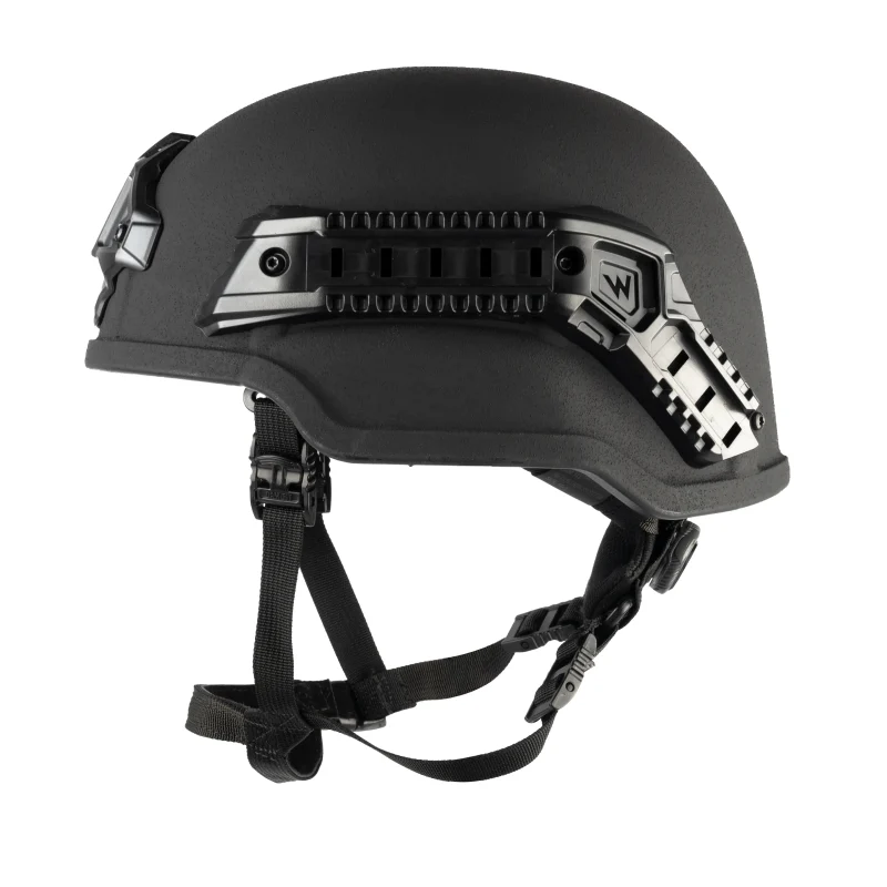 Left side view of Team Wendy® EPIC™ Protector Ballistic Helmet in black showcasing sleek design and durable exterior shell.