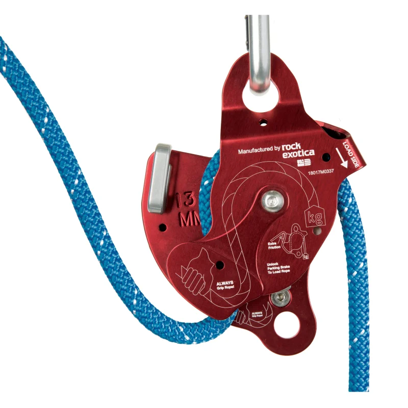Front view of the CMC™ MPD™ (Multi-Purpose Device) in red, with rope attached, highlighting its control panel and integrated rescue features for efficient rope management.