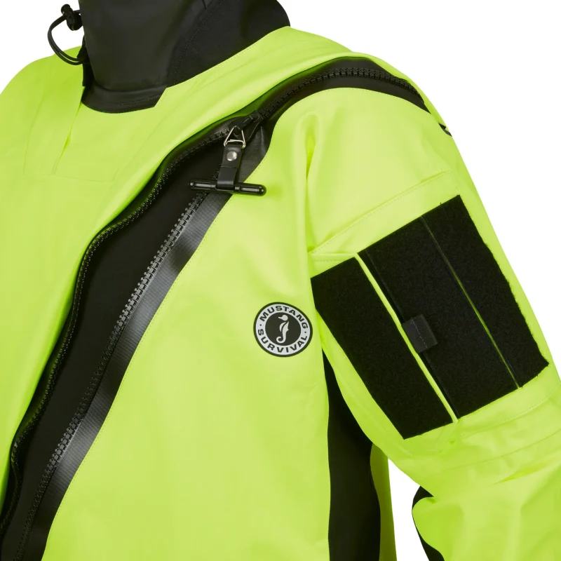 Closeup of shoulder area on Mustang Survival® Sentinel™ Series Water Rescue Dry Suit showing reinforced padding and seam construction for enhanced durability and mobility.