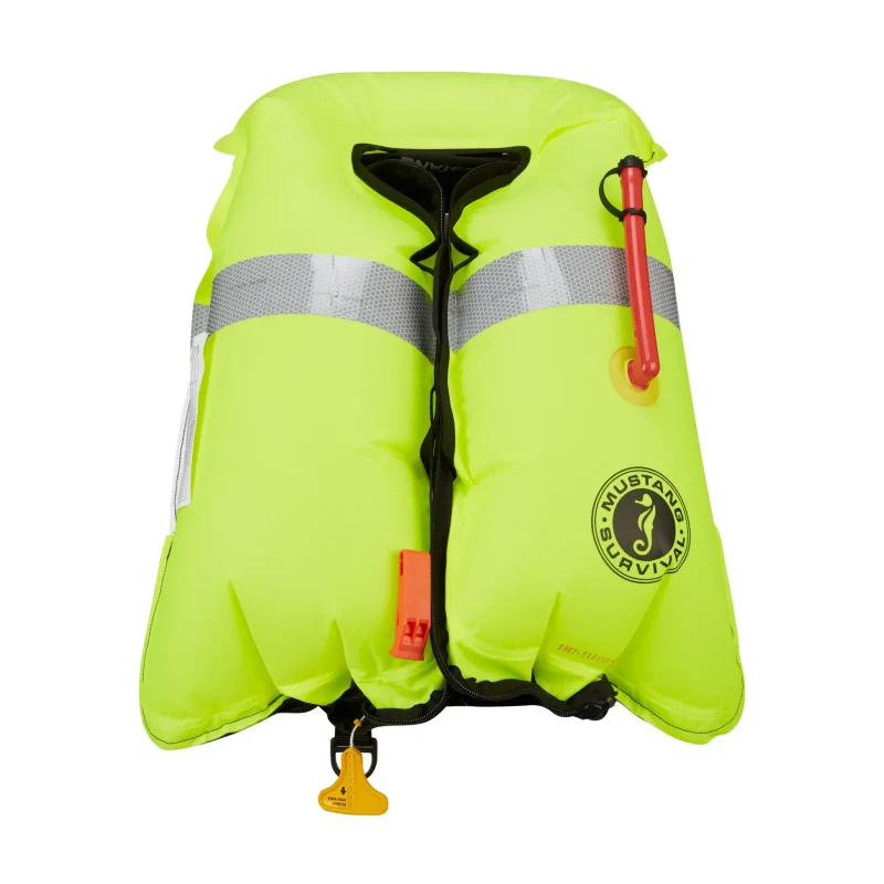 Front view of Mustang Survival® Hit Hydrostatic Inflatable PFD fully inflated, showcasing the expanded flotation bladder and secure fit for emergency buoyancy.