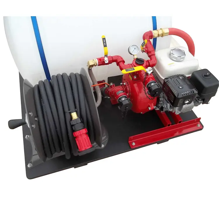 Close-up front view of CET™ ATV Fire Pack 1 – Econo showing the control panel, hose connections, and front-facing components of the pump and tank system.