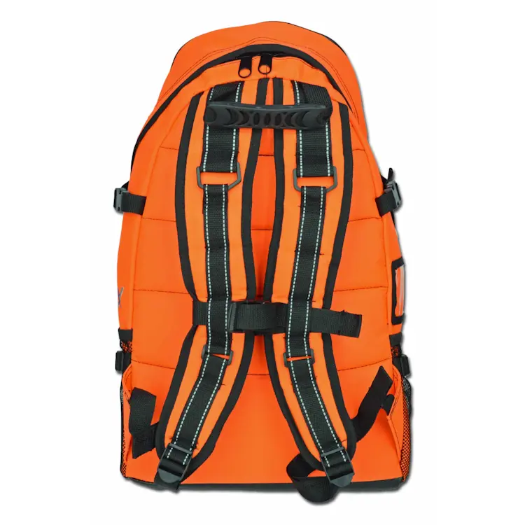 Back view of Lightning X LXMB40 orange variant first responder EMT backpack, showing padded shoulder straps and breathable back panel for comfort during use.