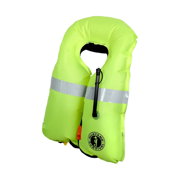 Angled front-side view of Mustang Survival® Hit Inflatable PFD for Law Enforcement fully inflated, showcasing expanded flotation and bright safety features for emergency buoyancy.