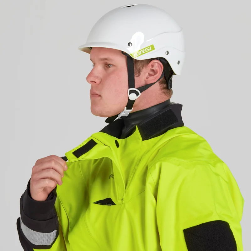 Closeup of a man wearing the NRS Extreme SAR GTX Dry Suit in safety yellow, focusing on the latex neck gasket and padded shoulder area for comfort and waterproof sealing.