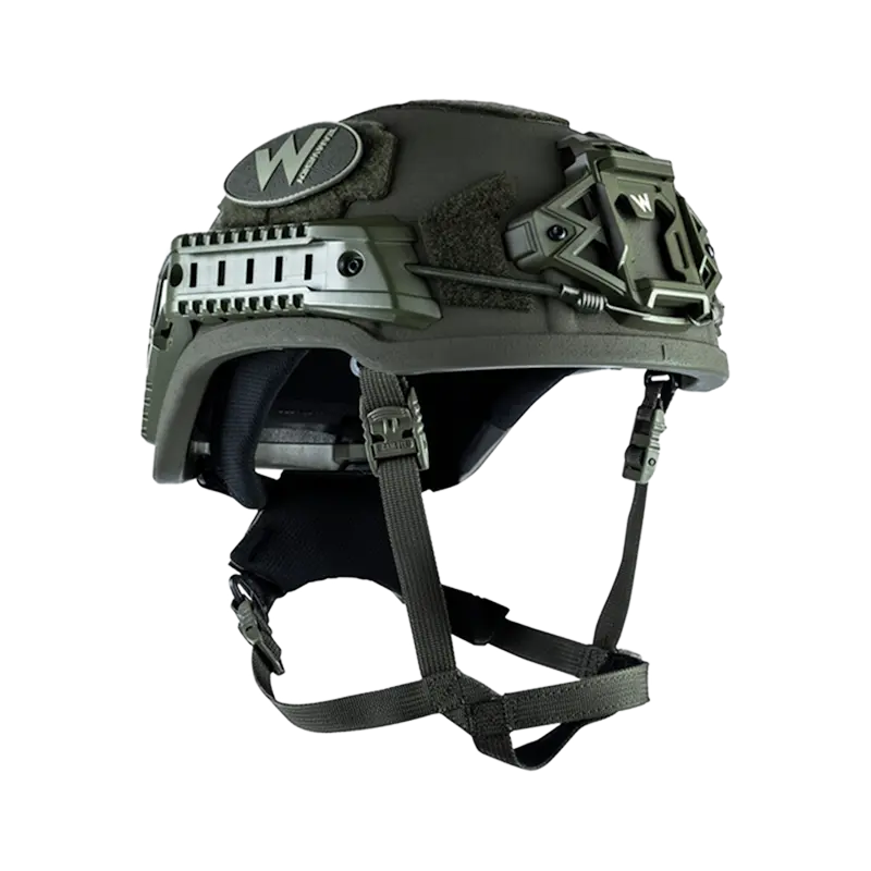 Front-right side view of the Team Wendy® EPIC™ Specialist Ballistic Helmet in ranger green, showing the balanced design with a rugged matte surface and durable rail structure.