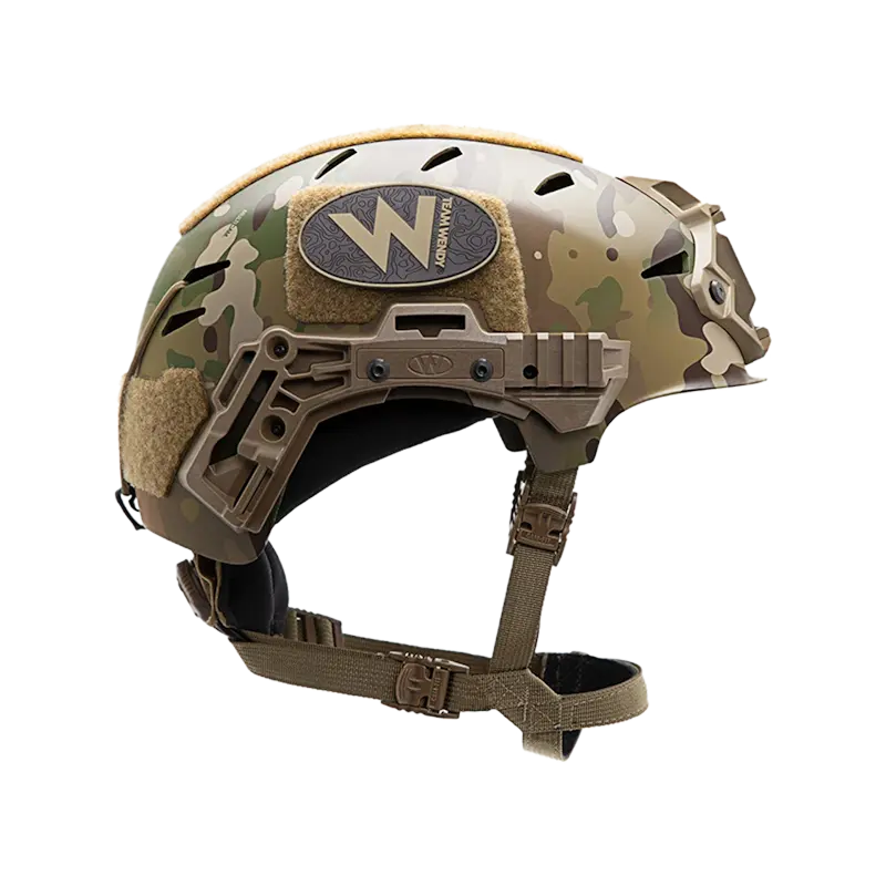 Right side view of the Team Wendy® EXFIL® Carbon Bump Helmet in Multicam®, emphasizing the integrated rail mounts and ergonomic shell profile.
