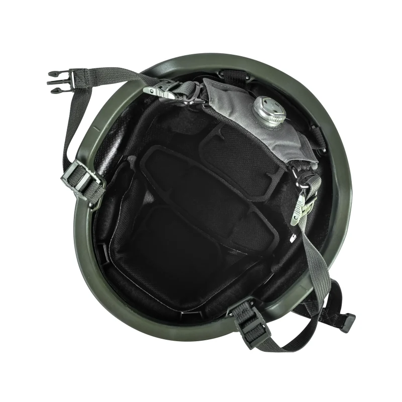 Under view of Team Wendy® EPIC™ Protector Ballistic Helmet in ranger green displaying padded interior, adjustable straps, and comfort features.