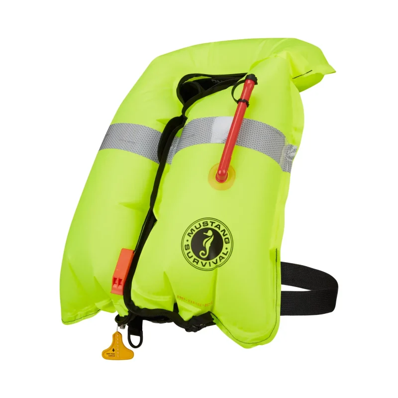 Angled front-side view of Mustang Survival® Hit Hydrostatic Inflatable PFD fully inflated, highlighting ergonomic design and maximum flotation support during use.