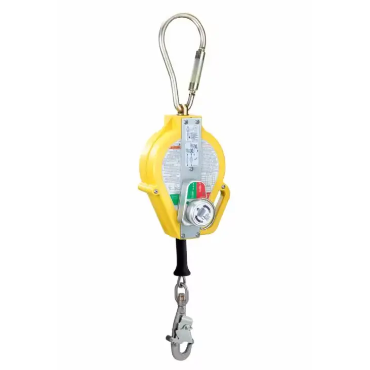 Back view of the 3M™ DBI-SALA® Ultra-Lok™ Self Retracting Lifeline with 50 ft galvanized steel cable, featuring the adjustment knob and a carabiner securely attached for fall protection.