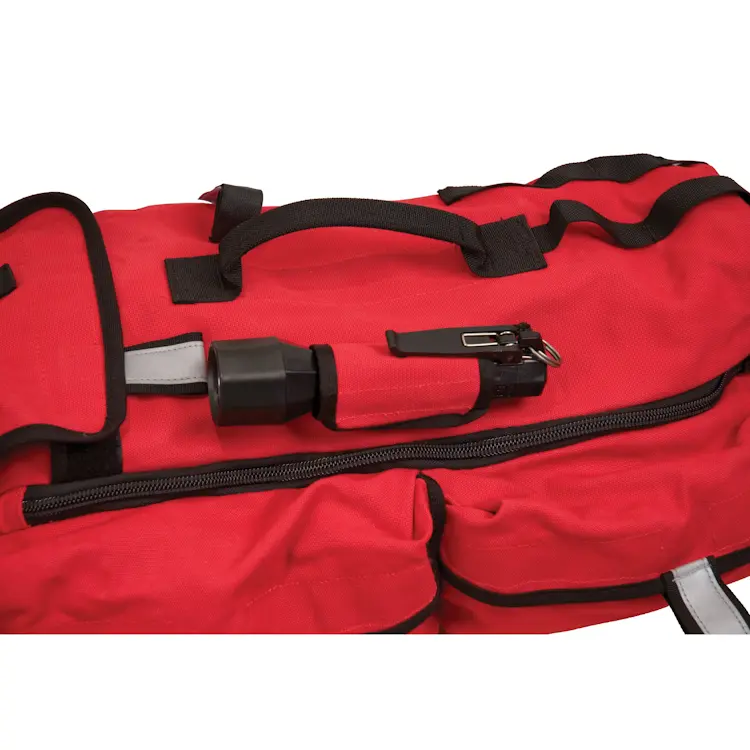 Close-up of flashlight holder on True North Gear L-2 RIT Bag featuring secure strap and durable fabric for quick access during emergency operations.
