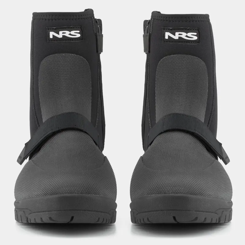 Front view of a pair of NRS ATB Wetshoes, highlighting the rounded toe box and smooth neoprene surface.
