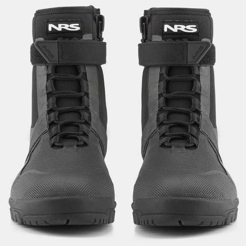 Front view of a pair of NRS Workboot Wetshoes, highlighting the reinforced toe protection and robust design.